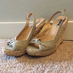Tan espadrille wedges.
